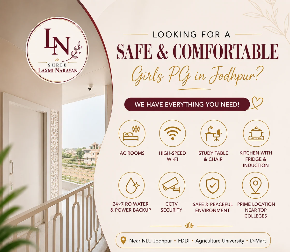 Founder-supplied overview of AC rooms, Wi-Fi, study setup, kitchen, RO water, inverter backup, CCTV and nearby institutions